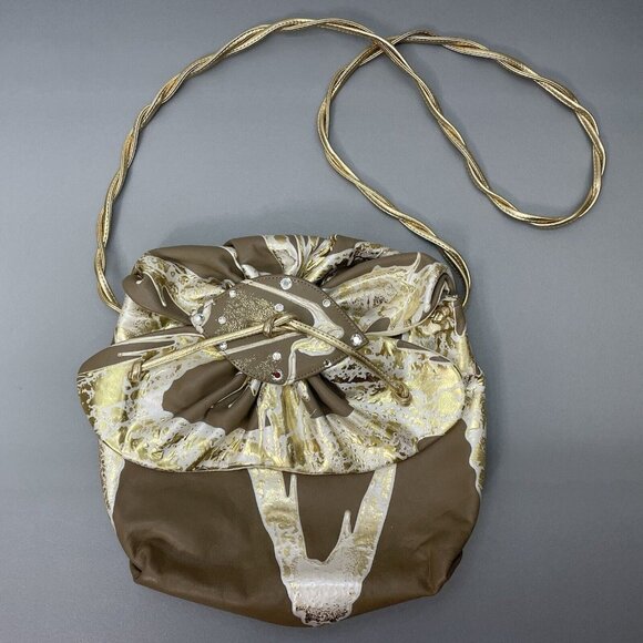 Vintage America Handbags - Vintage 80s Terry Toni Shoulder Bag Purse Hand Painted White Gold Leather Brown